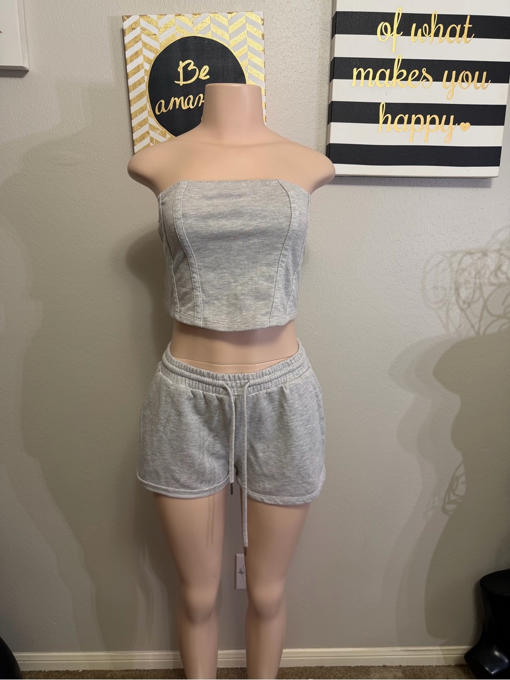 No Boundaries Light Gray Ribbed Strapless Top & Shorts Set